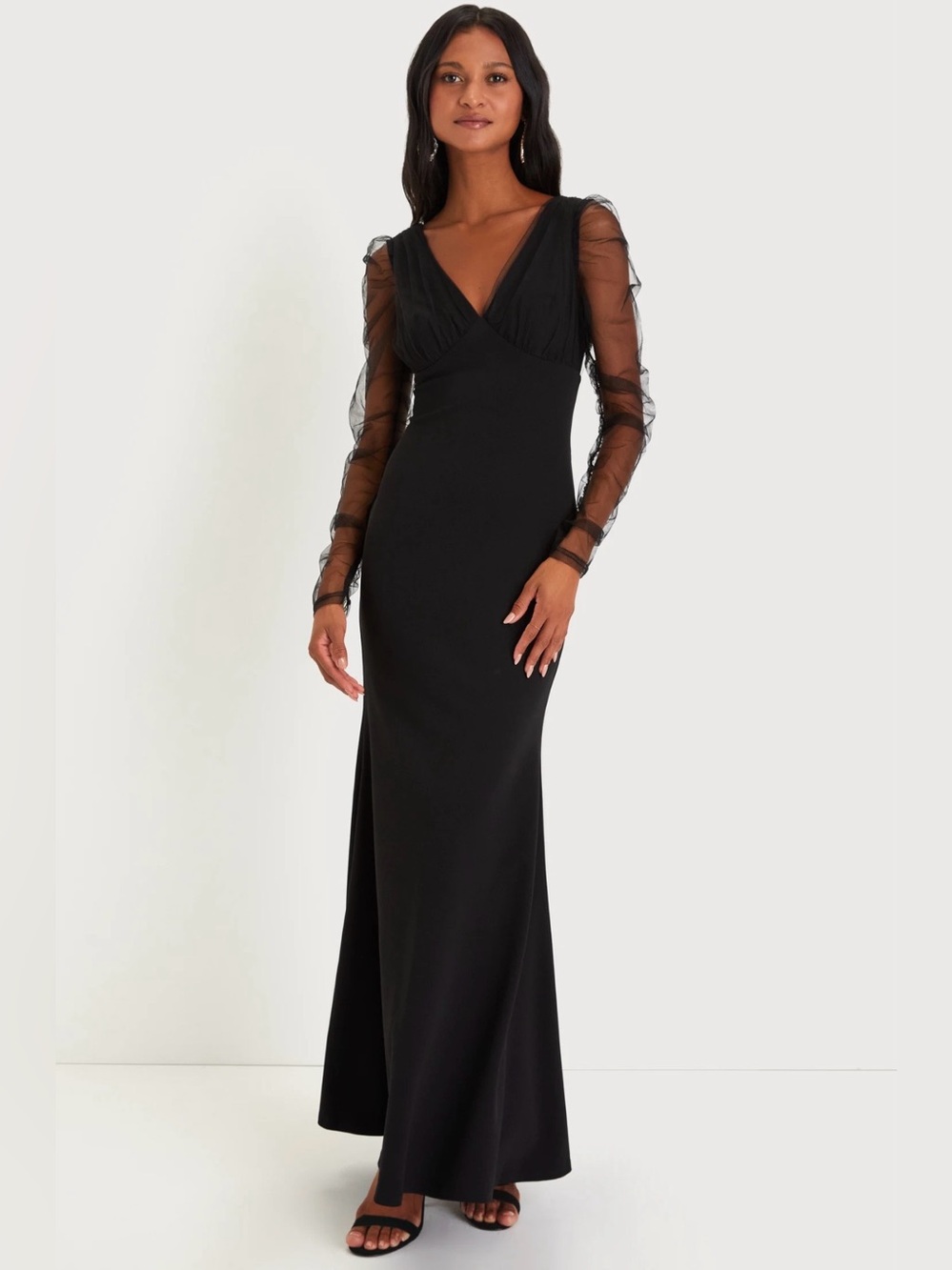 NWT Lulus Red Carpet Energy Black Tulle Sleeve Mermaid Maxi Dress Gown Size XS
